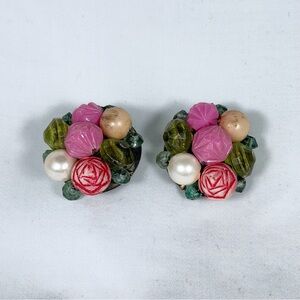 Vintage Western German Beaded Cluster Clip on Earrings